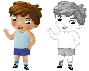 Fototapeta premium cartoon child kid boy taking off or putting on clothes by him self childhood illustration for kids