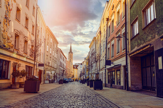 Impression of Passau inner city downtown in the late afternoon light in March