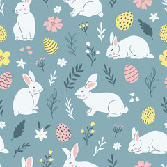 Easter cute seamless pattern with cute white rabbits and Easter eggs. Vector illustration.