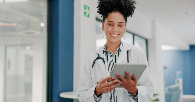 Face of happy woman doctor on tablet for medical research, hospital management and telehealth service. Portrait of young black person in professional healthcare career, job or clinic on digital tech