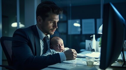 Fototapeta premium un homme en costume à son bureau avec un bébé sur les genoux - generative ai