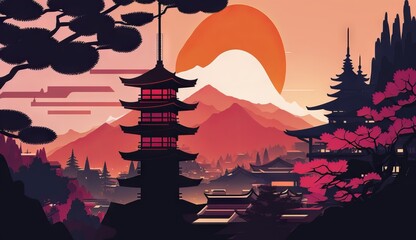 Kyoto from japan illustration Abstract colorful Background Landscape of mountains, Sakura trees, and moon illustration, gradient colors, dreamy background, Japanese buildings silhouette foreground
