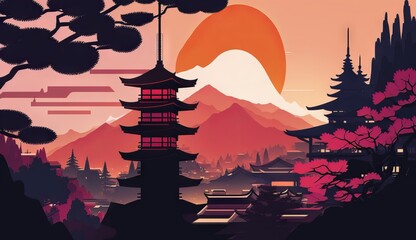 Fototapeta premium Kyoto from japan illustration Abstract colorful Background Landscape of mountains, Sakura trees, and moon illustration, gradient colors, dreamy background, Japanese buildings silhouette foreground