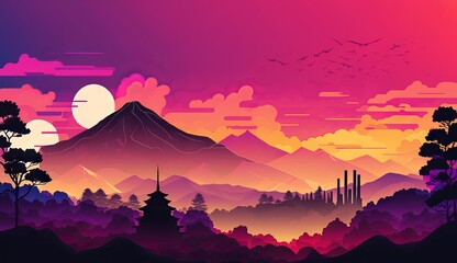 Fototapeta premium Kyoto from japan illustration Abstract colorful Background Landscape of mountains, Sakura trees, and moon illustration, gradient colors, dreamy background, Japanese buildings silhouette foreground