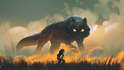 hunter with a bow facing a giant wolf in the fire meadow., digital art style, illustration painting
