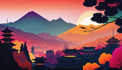 Naklejka premium Kyoto from japan illustration Abstract colorful Background Landscape of mountains, Sakura trees, and moon illustration, gradient colors, dreamy background, Japanese buildings silhouette foreground