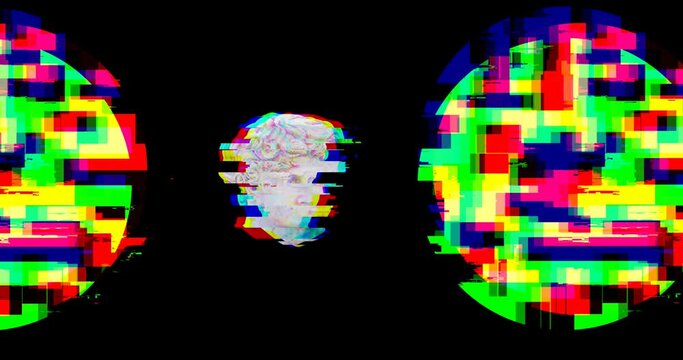 Animation of antique head sculpture over multi coloured circles on black background