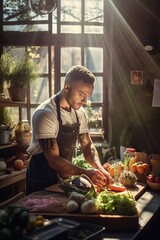 Young adult man cooking healthy food with sunlight coming from above. Generative AI vertical shot