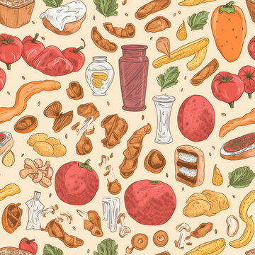 Seamless pattern of images of food and products. Generative AI