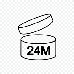24m PAO icon. 24 months or 2 years period after opening sign. Thin line jar with open lid and number. Product freshness time. Cosmetic, shampoo, makeup validity mark