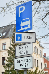 Fototapeta na wymiar View of car parking sign in city, closeup