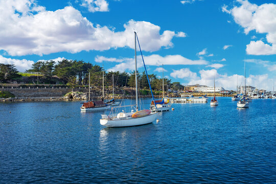 Sailboats in the harbor area in Monterey, California