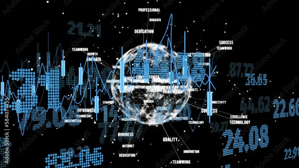Aufkleber animation of financial data processing over globe with connections