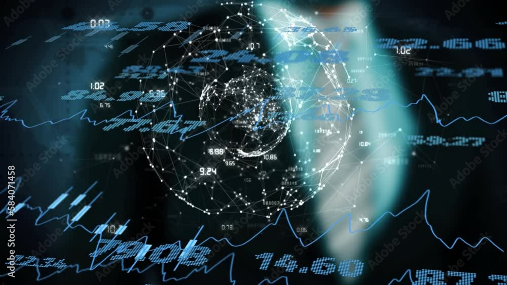 Poster animation of financial data processing over globe with connections