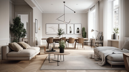 Fototapeta na wymiar Interior design of modern scandinavian apartment, living room with beige sofa and dining room, panorama 3d rendering