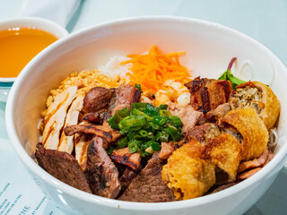 Close up shot of delicious home mix Vietnam noodle