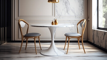 Interior design with marble round table and chairs. Modern dining room with beige wall. Cafe, bar or restaurant interior design. Home interior. 3d rendering