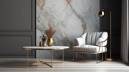 Interior of modern living room with brass coffee table and white armchair, empty marble wall. Home design. 3d rendering