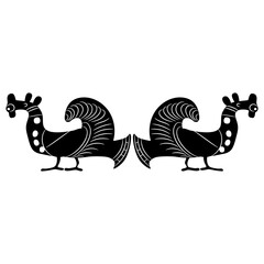 Symmetrical ornament with two stylized birds. Ancient Greek vase painting motif. Folk style. Funny rooster or chicken. Black and white silhouette.