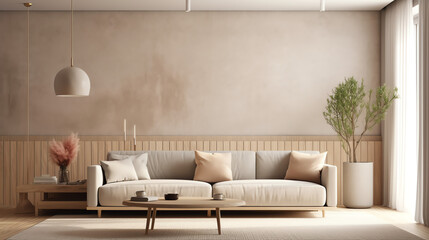 Modern interior design of apartment, living room with beige sofa over the light stucco wall, 3d rendering