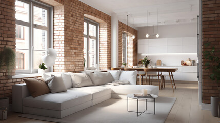 Naklejka na ściany i meble Interior design of modern apartment, living room with corner sofa over the white brick wall. Home interior with coffee table. 3d rendering