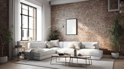 Fototapeta premium Interior design of modern apartment, living room with corner sofa over the white brick wall. Home interior with coffee table. 3d rendering