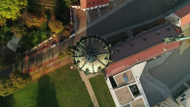 view from above of the castle tower and castle church of wittenberg. camera rotates, castle tower in the center