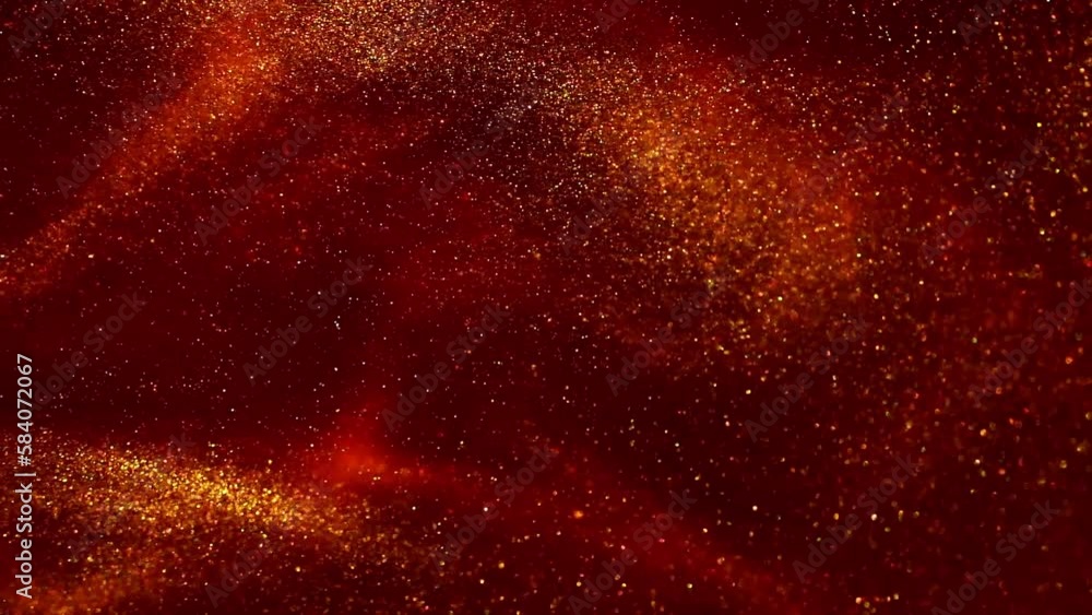 Poster vortex of gold particles in red liquid. abstract moving gold dust particles on red. shiny floating g