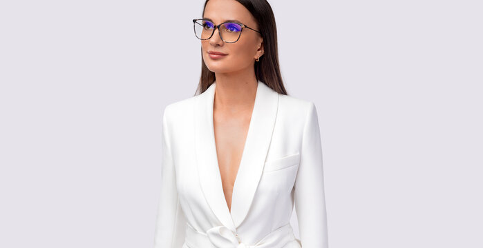 Optical template with copy space. Stylish photo of a model wearing glasses. Download an image to advertise your optics store. Mockup for glasses shop advertisement.