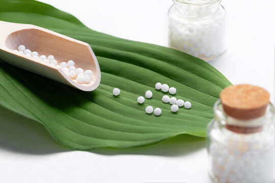 Homeopathic pills scattered from a wooden scoop on a green leaf