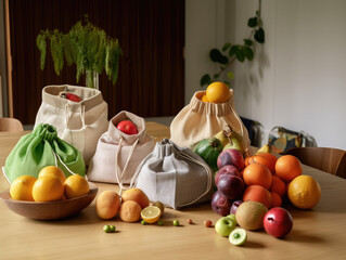 Healthy food in reusable bags in the kitchen. 