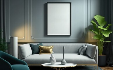 blank picture frame mockup on a wall vertical frame mockup in modern minimalist interior with plant in trendy vase on wall background, Template for painting, photo or poster