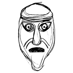 Head of Viking man from Denmark. Male mask. Hand drawn linear doodle rough sketch. Black silhouette on white background.
