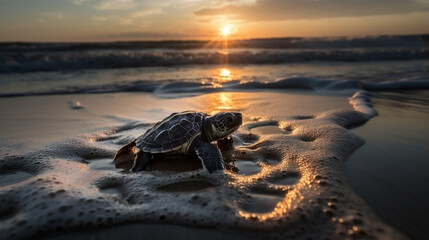 baby turtle in a sunrise beach