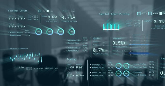 Animation of financial data processing over business office