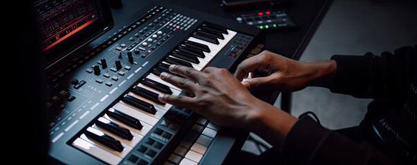 Closeup of a musician’s hands on an electronic keyboard and a computer co-creating with ai generative music created with Generative AI technology