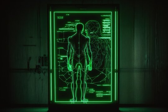 Scanner that scans person's insides (X-ray) of a body that are shown on large green LED screen. Generative AI