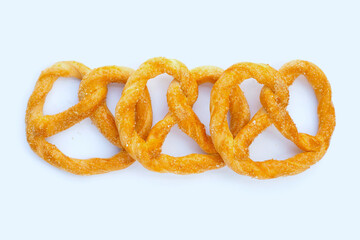 Soft pretzels on a white background.