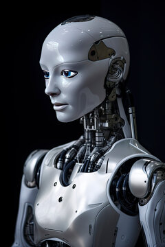AI robot with a white outer metal shell looking serene created with Generative AI technology
