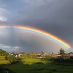 Obraz premium Beautiful Rainbow Over Town, AI