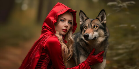 AI Generated.  Adventure,  Little Red Riding Hood and her Wolf Companion Brave the Forest. 