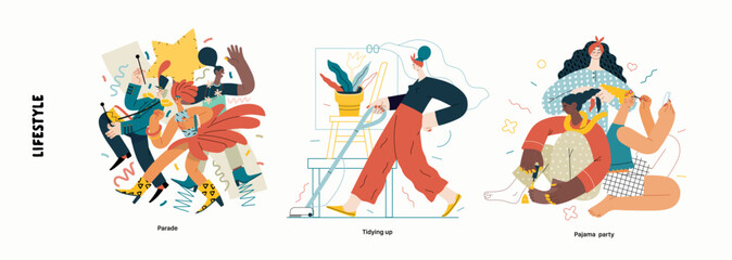 Lifestyle series - modern flat vector illustration of Tidying up, housekeeping, Parade, Pajama party. People activities and behaviour methapors and hobbies concept