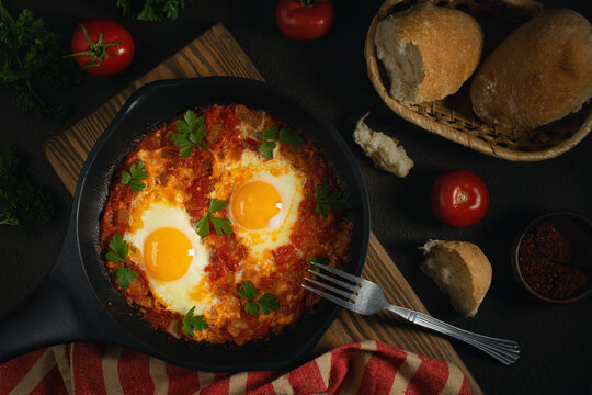 Shakshuka from two eggs in tomato sauce with fresh tomatoes, spices and herbs in a black frying pan. Close-up scrambled eggs