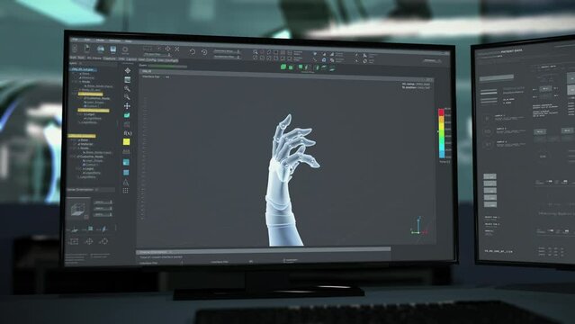 Cybernetics production software assembling the parts of the automated hand. Cybernetics production software displaying the 3D arm model. Cybernetics production software creates functional bionics