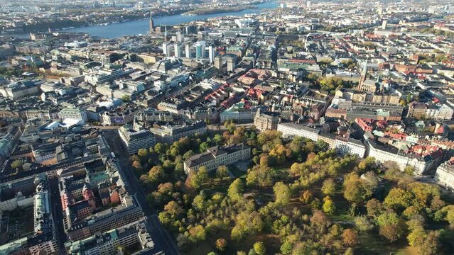 Aerial video of the capital city Stockholm Sweden on a sunny day