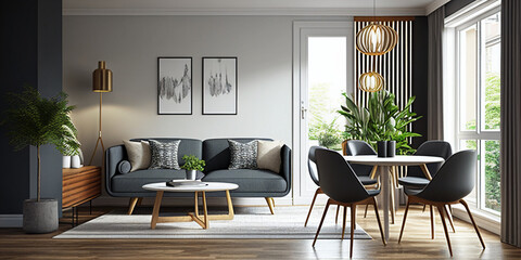 Interior of living room with sofa and table and chairs