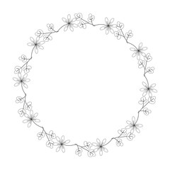 Template frame of spring flowers line art on a white background. Round. Floral design for wedding invitation, banner, poster.