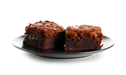Plate with pieces of tasty chocolate brownie isolated on white background