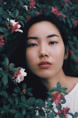 portrait of a beautiful asian woman standing in a bush of white flowers looking into the camera, made with generative AI