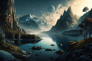Magische futuristische Fantasy Landschaft. Mit  Künstlicher Intelligenz erstellt.
